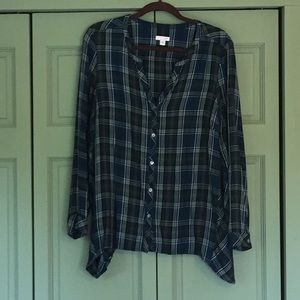 JJill plaid, long sleeve, button down top, size L